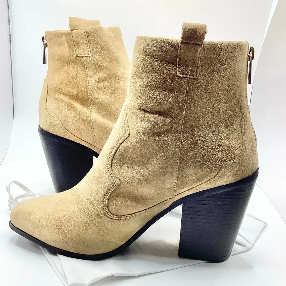 Revolve Raye Ella Tan Suede Heeled Western Ankle Cowboy Boot 9 NEW